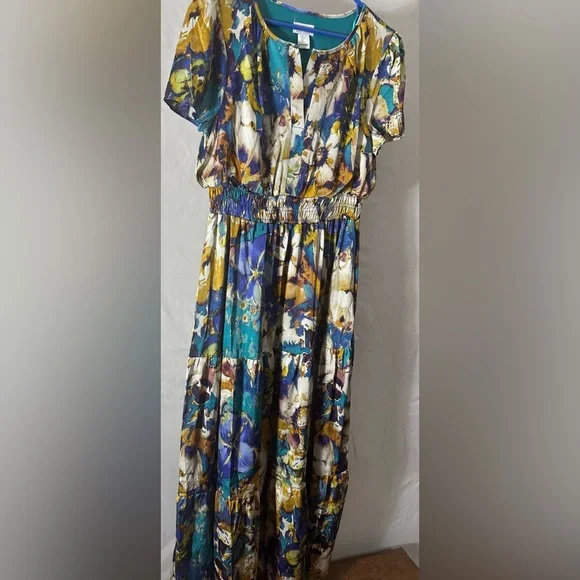 Nicole Miller Floral Maxi Dress in Blue, Teal & Gold - Picture 2 of 12